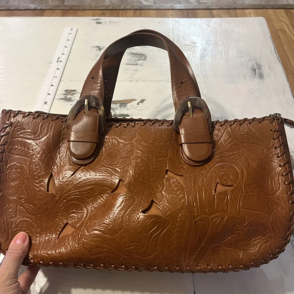 via spiga bag Satchel Brown With Cut Out Designs Leather
